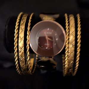 #17. Cici & Faye Tortoise Shell & Gold Watch With Bangle Gold Bracelets